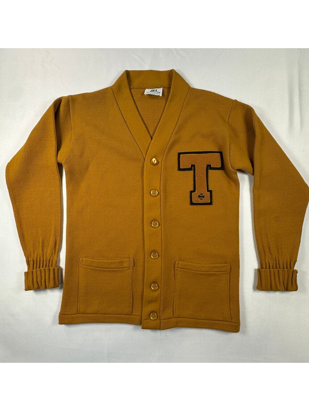 Vintage 60s Varsity Letterman Cardigan Sweater Mens 42 Lg Gold Chenille T Patch